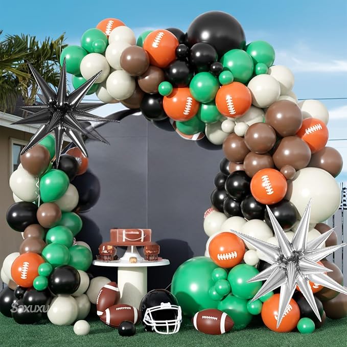 Football Balloon Arch Kit, Green and Brown balloons Garland Arch Kit, Football Print Balloon Dark Green Brown White Balloons For Ball Games Theme Birthday Baby Shower Party Bachelorette Wedding Decor