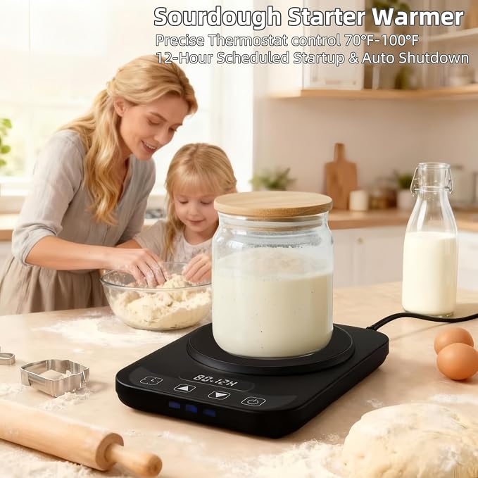 Sourdough Starter Warmer Mat, Precise 1°F Thermostat 70–100°F, 12H Timer Auto Shut-Off, Fermentation Heating Mat for Bread Proofing, Yogurt Making & Home Baking