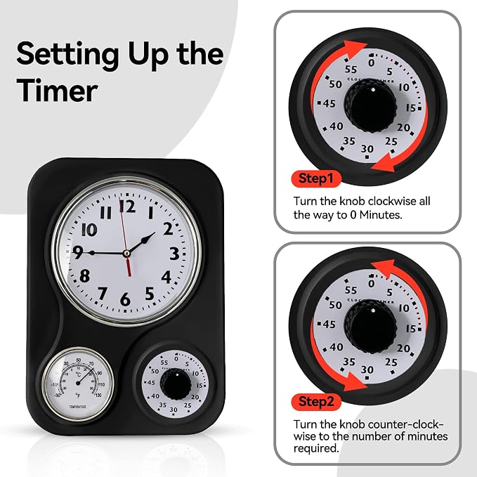 Lily's Home - 9 Inch x 12.5 Inch - Retro Kitchen Wall Clock, Vintage Wall Clock with a Thermometer and 60-Minute Timer, Ideal for Any Kitchen, Office, or Diner (Black)