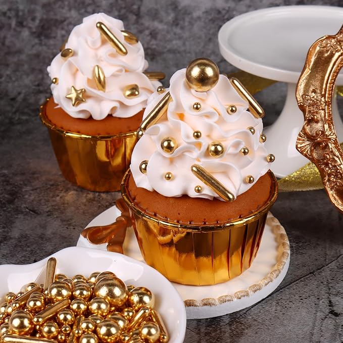 Gold Star Sprinkles for Cake Decorating 3.5 oz Assorted Sugar Cupcake Topper, Cookies, Perfect for Xmas，Wedding, New Year’S Eve Party (Cube, Jumbo Rice, Star, Rods, Triangle Sugar)