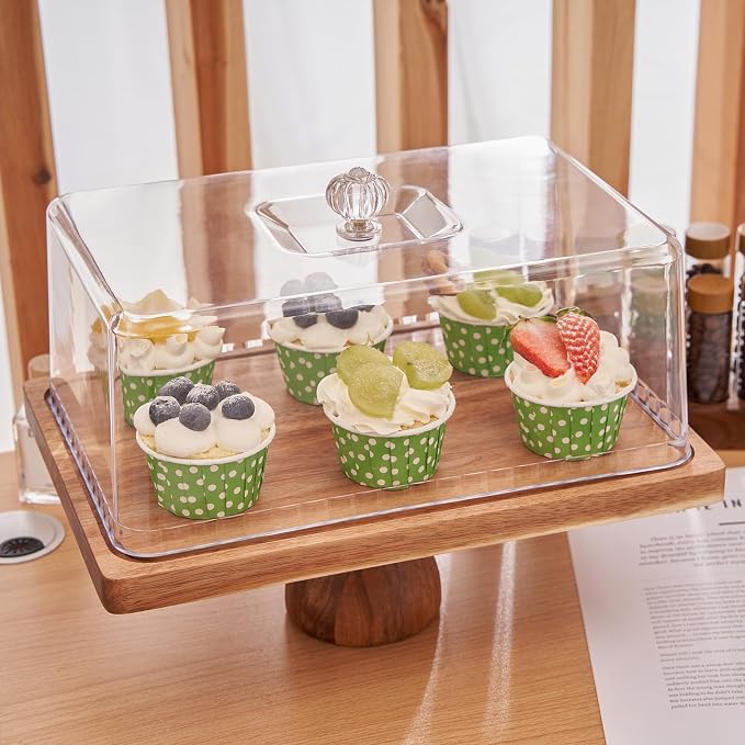 LiTY Cake Stand with Lid, 13″ Rectangular Multi-Functional Cake Holder, Acacia Solid Wood 2-in-1 Dessert Table Display Set, Charcuterie Board for Cheese ,Fruit Platter, Large Acrylic Cake Dome Cover