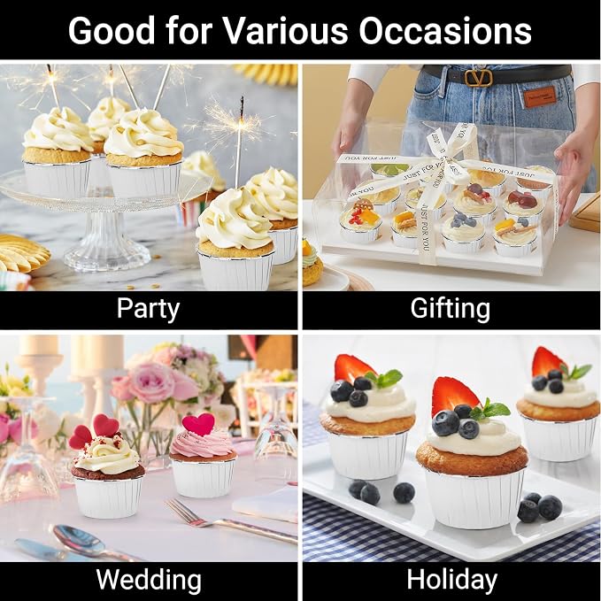 EUSOAR Silver Cupcake Liners, 50pcs 3.5oz Cupcake Holders Disposable Dessert Containers, Mini Cheesecakes Baking Cups Aluminum Foil Wrappers Muffin Ramekins for Birthday Wedding Bridal Party