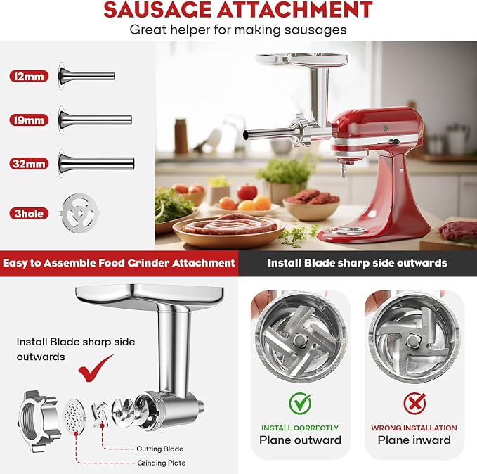 Meat Grinder & Stainless Steel Slicer Shredder Attachment for Kitchenaid Stand Mixer - Sausage Stuffer, Food Slicer, Shredder, Cheese Grater & Salad Maker by Cofun