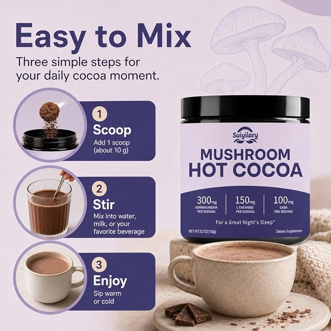 Suiyilary 10 Mushroom Hot Cocoa for Sleep, Sugar Free Keto Cocoa Powder, Nighttime Drink,100mg Magnesium Glycinate, 100mg GABA, 150mg L-Theanine, Help Fall Asleep and Stay Asleep, 15 Servings