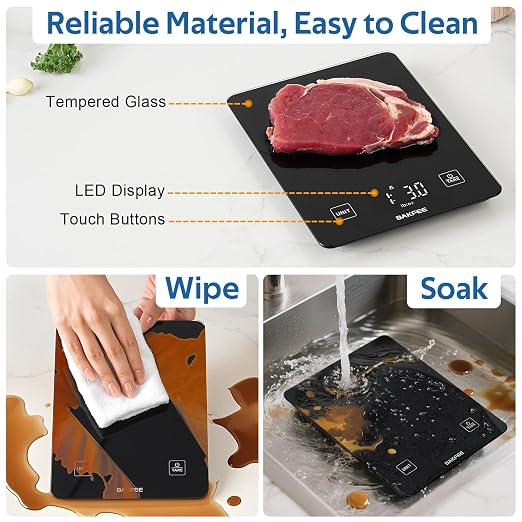 100% Waterproof Food Scale, IP67 Digital Kitchen Scale, Rechargeable (USB-C), 1g/0.1oz Precision, 22lb Capacity, Tempered Glass, LED Display, for Baking, Cooking, Making Sourdough Bread, Black