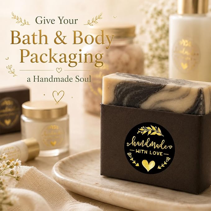 100PCS Handmade with Love Stickers, Black Gold Foil Labels for Small Business Packaging, Bakery Cookies, Gift Wrapping, Candy Table, Wedding Baby Shower Party Favor Stickers.1.6 inch (Black+Gold)