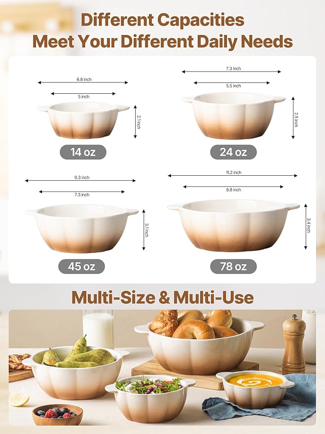Ceramic Soup Bowls with Handle, Large Serving Bowls Set of 4, 14/24/45/78 oz Food Storage Bowls Containers for Cooking, Baking, Salad, Ramen Bowls Oven Safe, Brown