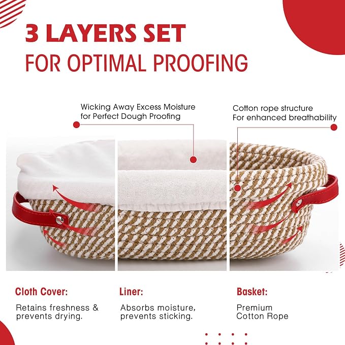 Gejoy 4 Pcs 10 Inch Cotton Rope Banneton Bread Proofing Basket Set Oval Bread Baskets with Liners & Covers Proofing Baskets for Sourdough Baking with 4 Strickle for Home Bakers Wife Mom(Yellow, White)