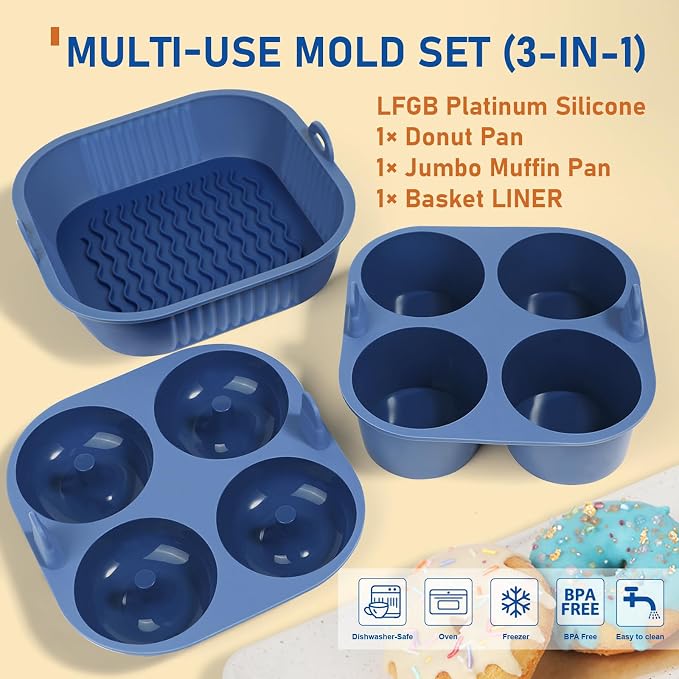 Webake Platinum Silicone Air Fryer Baking Pan Set for Jumbo Muffin, Donut, Nonstick Air Fryer Liners for 5-7 Qt Airfryers, Dishwasher Safe, BPA-Free, 3Pcs