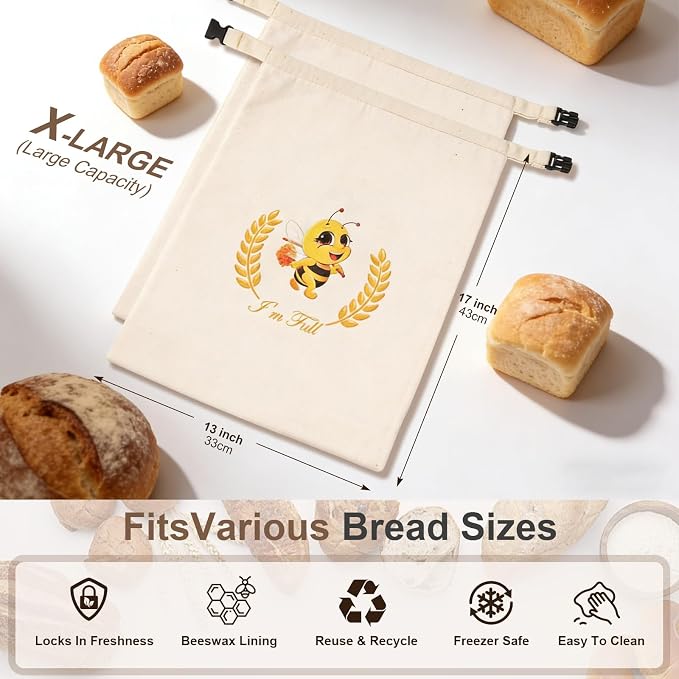 Beeswax Bread Bags,XL Reusable Linen Cotton Sourdough Bread Bag with Sealing Zip for Homemade Bread to Keep Fresh, 2 Pack