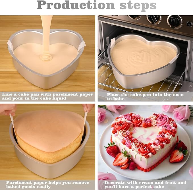HUAKENER 9.5 Inch Heart Cake Pan, Set of 2 Heart Shaped Cake Pans with 60 Pieces Parchment Paper, Non-stick Cake Baking Pans for Kitchen Birthday Wedding