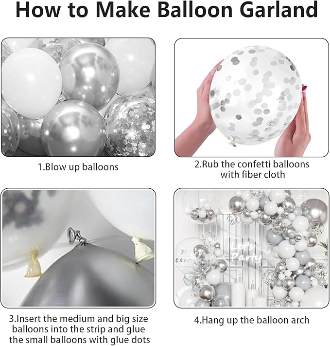 White Silver Balloon Arch Kit Garland with Grey Clear Balloons for Birthday Winter Wonderland Baby Shower Bridal Shower Engagement Wedding Anniversary Party Decorations