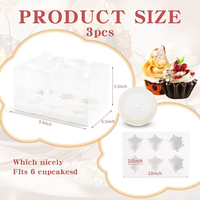 3Pcs Clear Cupcake Boxes,6 Count Cupcake Containers with Gift Ribbon,Plastic Cupcake Carrier Holder for Dessert Cookies Muffins Pastry (White/clear, 6 Count/3ps)