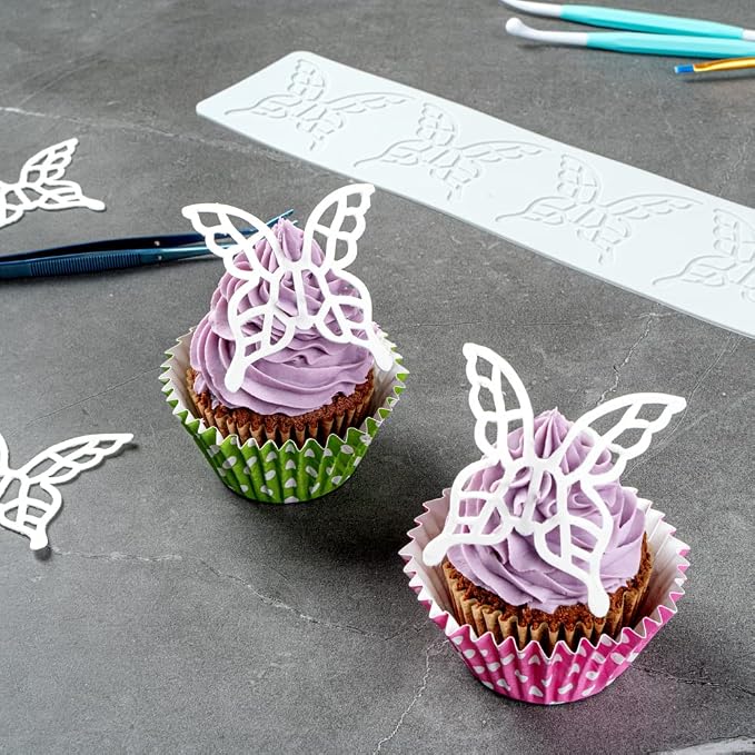 Restaurantware Pastry Tek Fondant Impression Mat 1 Reusable Fondant Embosser - Butterfly Pliable Gray Silicone Cake Impression Mat Dishwashable For Cake Decoration