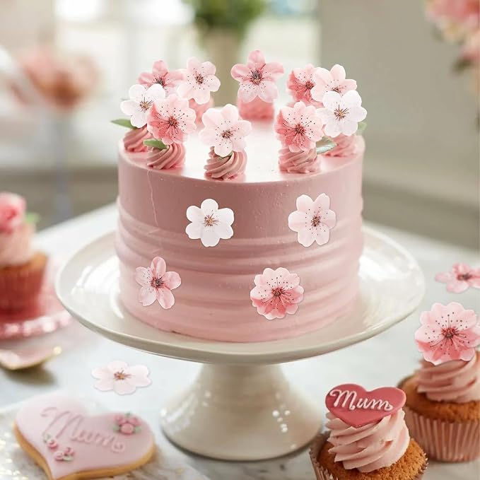 50 PCS Edible Cherry Blossoms Cupcake Toppers Edible Cherry Blossoms Flowers Cake Decorations for Spring Tea Party Cherry Themed Birthday Party Baby Shower Bridal Engagement Anniversary baked goods