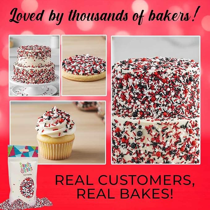 Red White and Black Sprinkles for Cake Decorating and Baking Cupcakes - Fancy Edible Red Sprinkles for Cookies with White Black Sprinkle Decorations in Jimmies, Nonpareils, Sugar Pearl with Star Quins