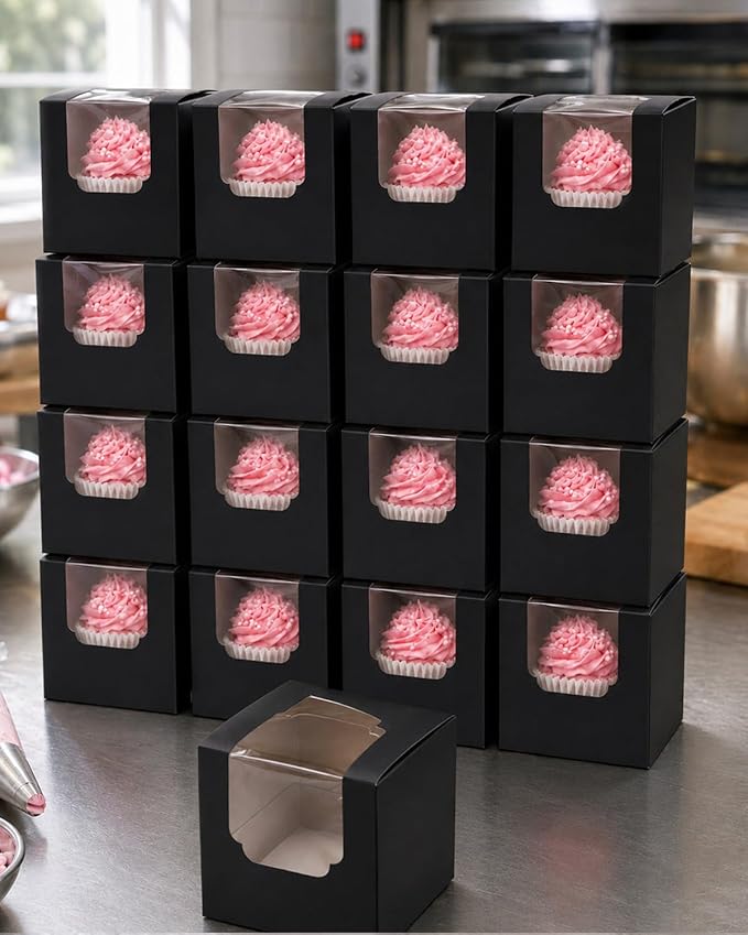Bakepacker Auto-pop up Cupcake Boxes 100-Packs Individual Cupcake Container Black 3.5" x 3.5" x 3.5" Single Cupcake Boxes