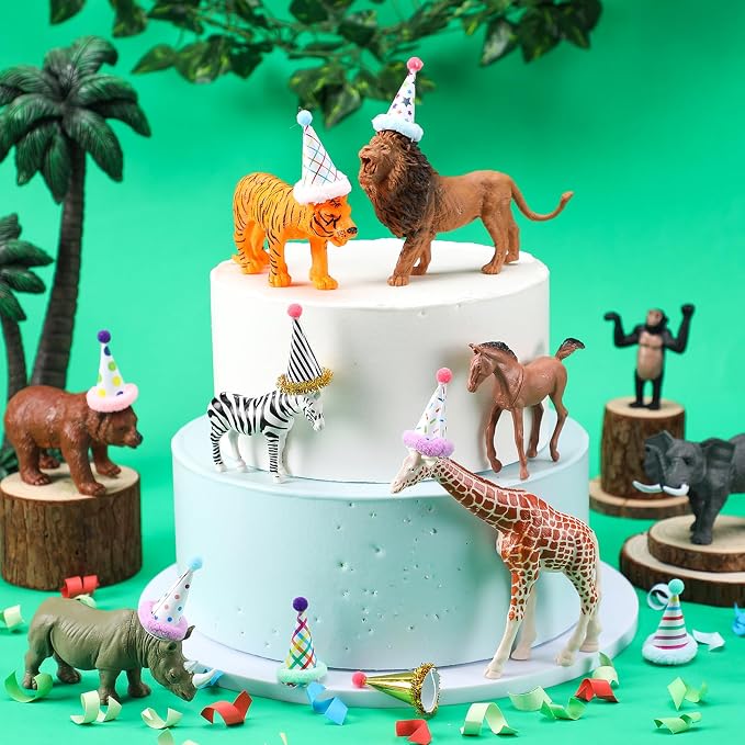 Colingmill 18 Pcs Jungle Animal Birthday Party Decorations Mini Birthday Hat Animal Figure Model Cake Toppers with Mini Hat for Birthday Party, Wild Animals Themed Party