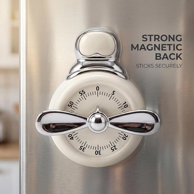 Visual Timer, Cute Magnetic Mechanical Kitchen Timer for Cooking, No Batteries Required, 60-Minute Countdown Clock for Study, Classroom, Baking, Yoga, Pomodoro - Loud Alarm (Cream White (Pilot Style))
