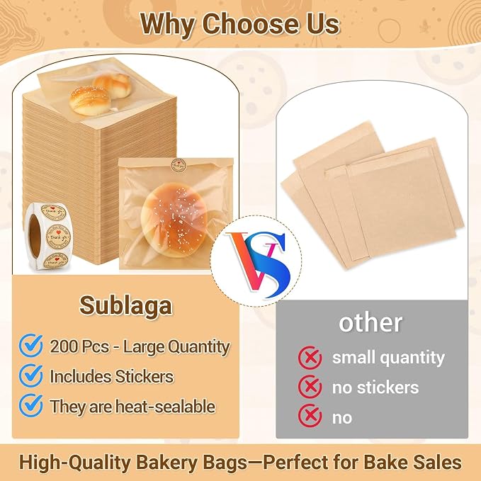 Subalga 200 Pack Cookie Paper Bags with Window 7.1x7.5 Donut Bags with 500 Pcs Thank You Stickers Heat Sealable Cookie Bags Grease Resistant Paper to Go Bake Sleeves for Gift Giving Donut Bread(Brown)