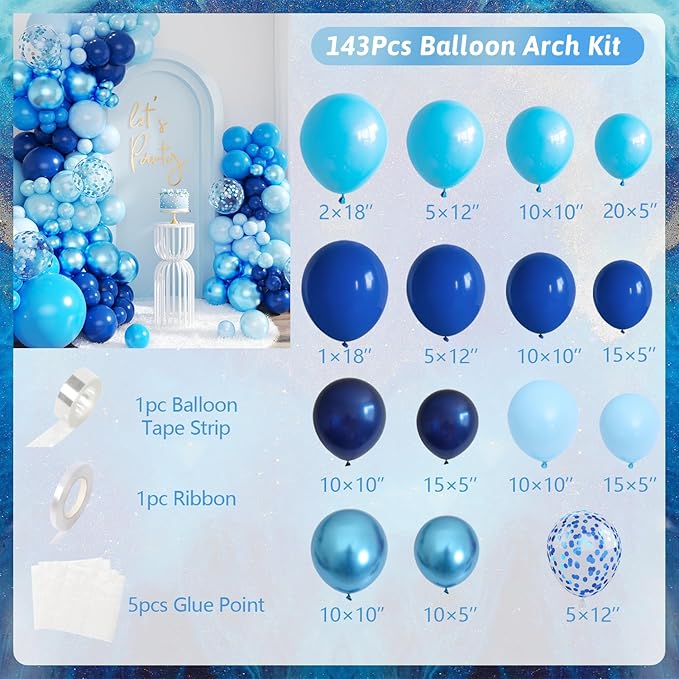 Blue Balloon Arch Kit, 143Pcs Metallic Navy Light Blue Balloons for Birthday Wedding Baby Shower Gender Reveal Decorations, Blue