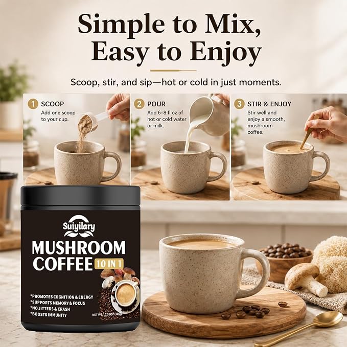 Suiyilary Mushroom Coffee, 10 Mushroom Extract Powder Blend Lion's Mane, Reishi, Chaga, Cordyceps, Turkey Tail, Brain Supplements with Instant Coffee for Energy, Focus, Memory and Immunity 300g