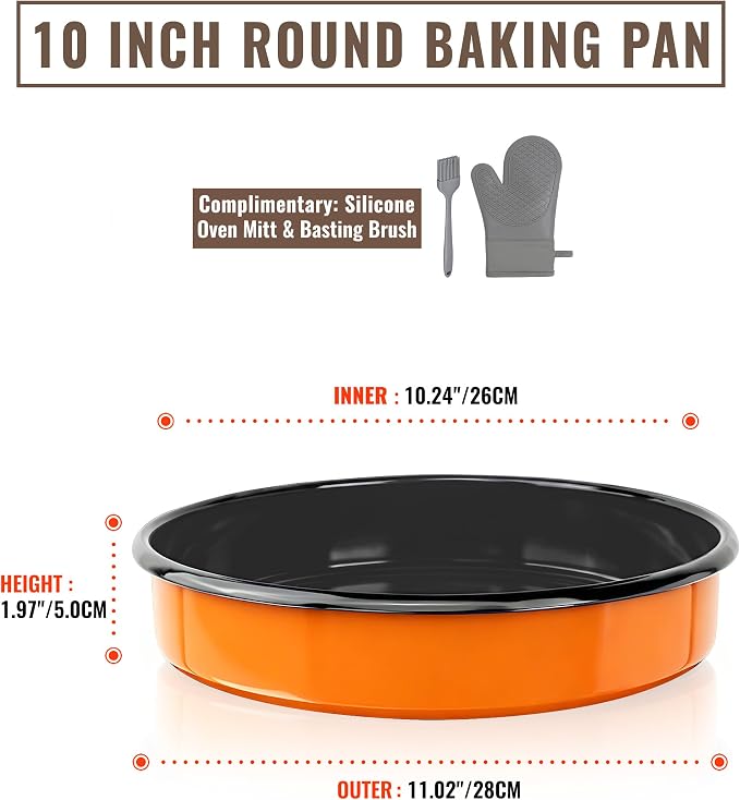 10 Inch Enamel Round Roasting Pan Deep Baking Dish for Chicken Pizza & Bread Heat Resistance Easy-To-Clean Bakeware Sheet Oven Dishwasher Safe, Birthday Gift Cake Pan