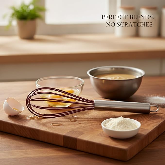 Red Silicone Egg Whisk with Stainless Steel Handle, Non-Scratch Coated Wires for Mixing Batters and Eggs in Non-Stick Pans