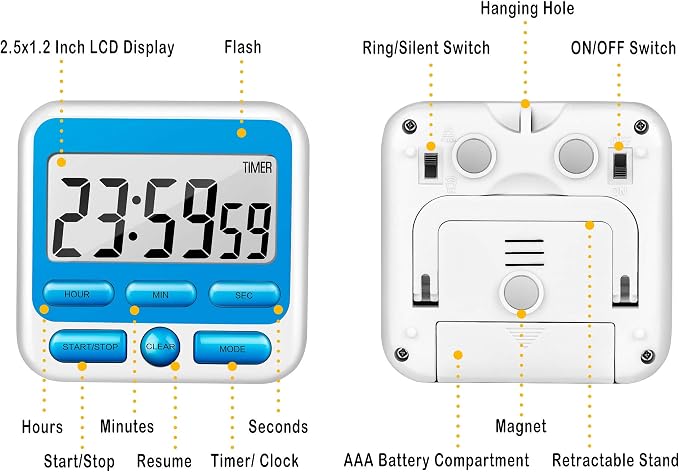 KTKUDY Digital Kitchen Timer with Mute/Loud Alarm Switch ON/Off Switch, 12-Hour Clock & Alarm, Memory Function Count Up & Count Down for Kids Teachers Cooking, Large LCD Display, Strong Magnet (Blue)