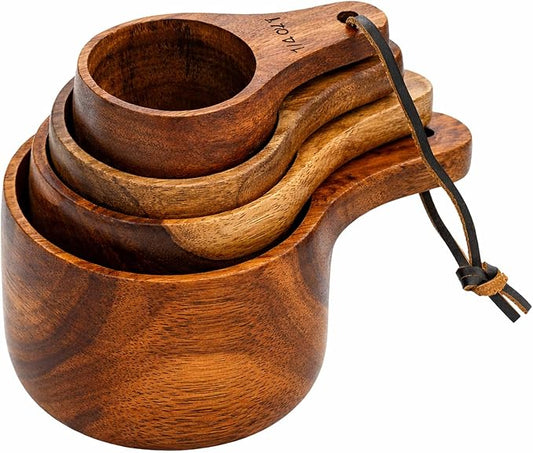 Wooden Measuring Cups and Spoons Set - Eco-Friendly Solid Acacia Wood, Laser Engraved Measurements, Perfect for Baking & Cooking - Ideal for Bakers (4-Pc Acacia Wood Measuring Cups)