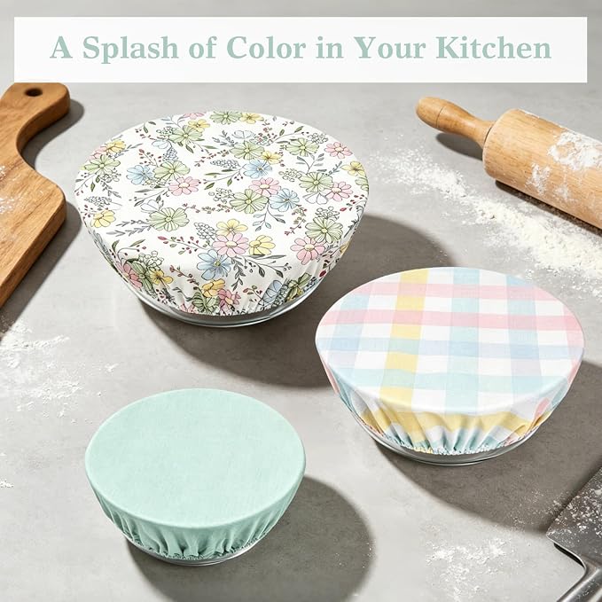 Reusable Bowl Covers for Bread Proofing 3pcs,Cotton Linen Sourdough | Breathable,Fabric,Shower Caps,Sourdough Bread,Accessories,Supplies,Food Lids,Fruit Storage,7"-14",Floral,Checkered,Sage Green