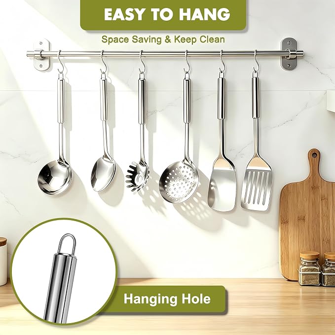 Stainless Steel Kitchen Utensils Set - 12pcs Cooking Utensils Set with Holder, Heat Resistant Kitchen Tool Set for Cooking with Turners, Potato Masher, Spatula, Spoons, Tongs, Whisk