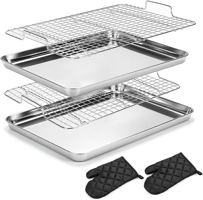 15.9" Large Stainless Steel Baking Sheet with Rack & Glove, Nonstick Baking Pans,Cookie Pan- Heavy Duty, Dishwasher Safe, Easy Clean(2 PCS)