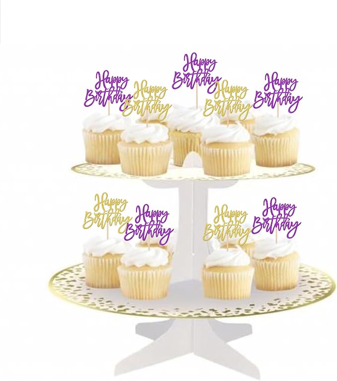 24 PCS Happy Birthday Cupcake Toppers Glitter Happy Birthday Cupcake Picks for Celebrating Anniversary Theme Party Cake Decorations Supplies Gold Purple