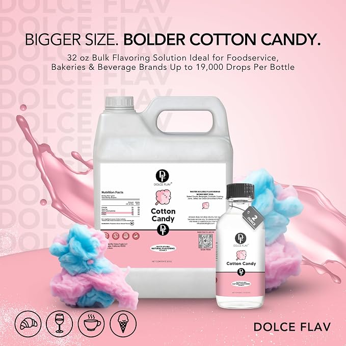 Dolce Flav Cotton Candy Extract – 32 Ounce Water-Soluble Kosher, Sugar-Free, Concentrated Carnival-Style Flavoring for Baking, Frostings & Drinks