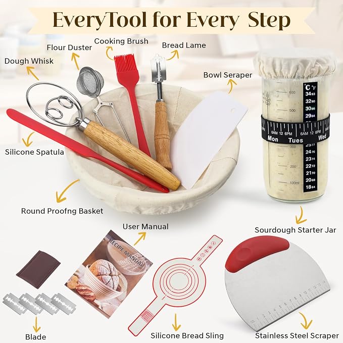 Sourdough Starter Kit, Sourdough Bread Baking Supplies with Bread Proofing Basket, Starter Jar, Bread Making Tools Kit, Supplies Gift for Bakers Women