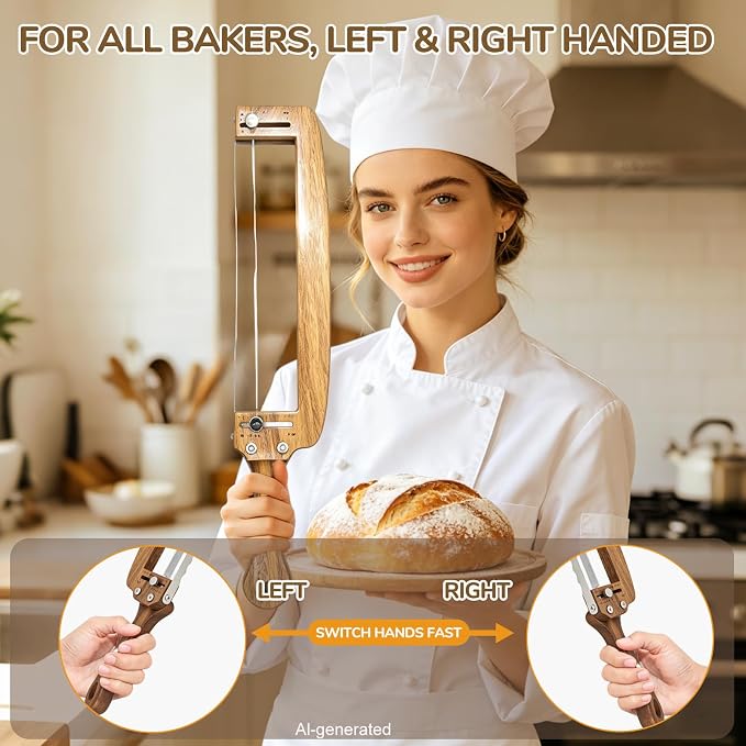 Adjustable Bread Slicer, Wooden Bread Knife for Homemade Sourdough, Ambidextrous Sharp Serrated Stainless Steel Blade, Thickness Guide for Baguettes, Bagels & Sourdough, Ideal Gift for Bakers