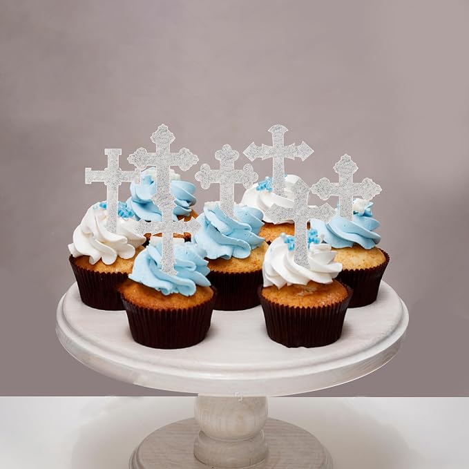 60 PCS Edible Cross Cupcake Toppers God Bless and Baptism Cupcake Toppers Edible Cross Cupcake Pick First Communion Cake Decorations for Religious Theme Baby Shower Birthday Party Supplies Silver