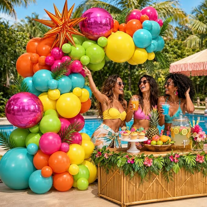 Tropical Balloon Arch Kit, Hot Pink Orange Yellow Green Teal Blue Tropical Balloon Garland with Orange Star Foil and Pink 4D Round Balloons for Hawaiian Luau Summer Party Decorations Birthday Decor