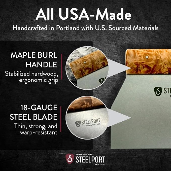 Steelport Bench Scraper | USA Made Dual Edge Stainless Steel Dough Cutter | 18-Gauge Steel Blade, Tapered Maple Burl Handle | Kitchen Gadgets for Bakers, Professionals, Home Cooks | Gift for Bakers