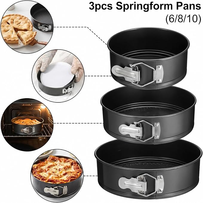 168Pcs Cake Pan Sets for Baking+ Cake Decorating Supplies, 6/8/10 Inch Round Cake Pan, 3 Nonstick Springform Cake Pans, Cheesecake Baking Pans withPiping Bags, 24 Pcs Nozzles, 3 Pcs Scrappers