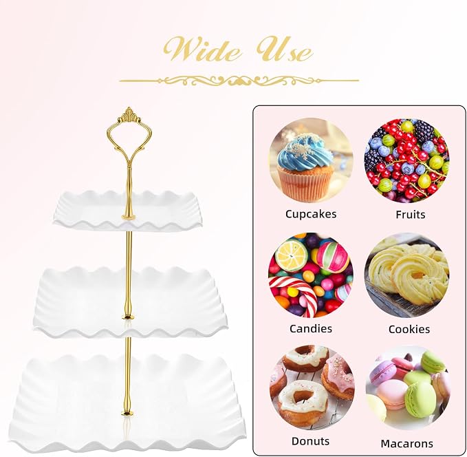 DAFURIET Plastic Dessert Cupcake Stand, 3 Tier Cup Cake Holder Tower for Tea Party/Birthday/Wedding, Tiered Serving Tray with Metal Rod, White