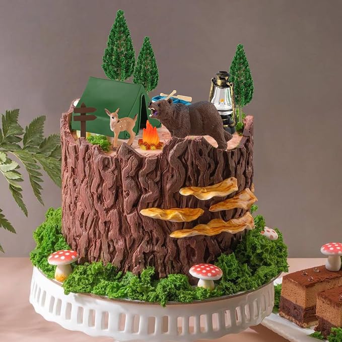 Hooqict 12 Pcs Camping Cake Decorations Set with Mini Tent, Campfire, Tree, Camp Sign, Safari Animals Camping Cake Toppers for Kids Adults Forest Themed Birthday Party Supplies