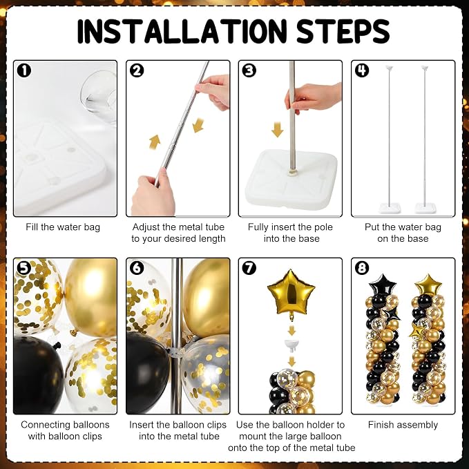 Skylety 2 Sets Black and Gold Balloon Column Stand Kit Adjustable Black Gold Balloon Stand with Bases for Birthday Wedding Anniversary Graduation Party Baby Shower Decorations Supplies