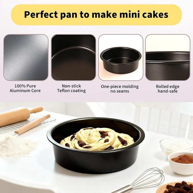 6 Inch Round Cake Pans Set of 3, Heavy-Duty Carbon Steel Baking Pans for Layered Birthday Cakes, Non-Stick Professional Circle Smash Cake Tins, Straight Wall & Dishwasher Safe