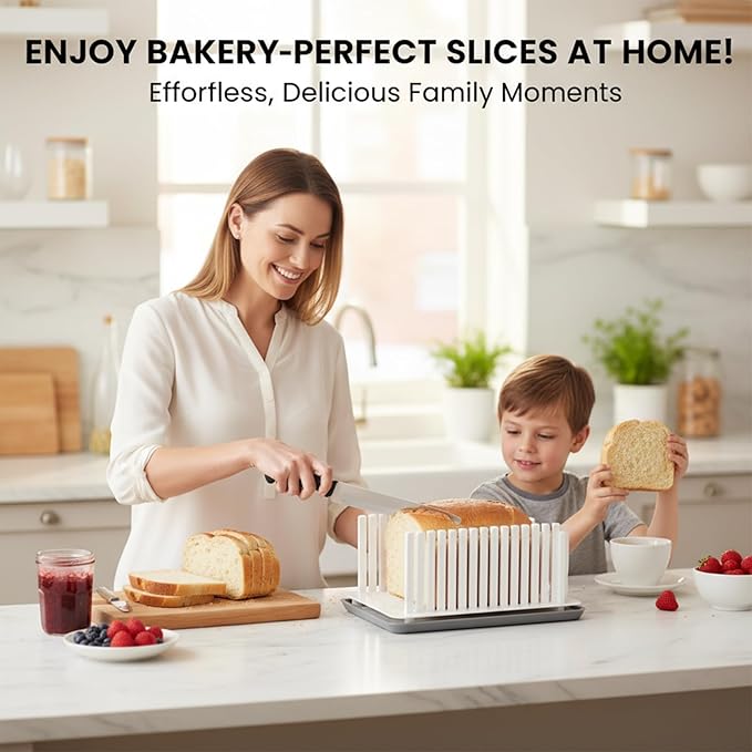 New Upgrade Bread Slicer for Homemade Bread, Bread Slicing Guide Adjustable Width, Foldable and Compact Cutting Guide with Crumb Tray, Suitability for Homemade Bread, Bagels, Cakes