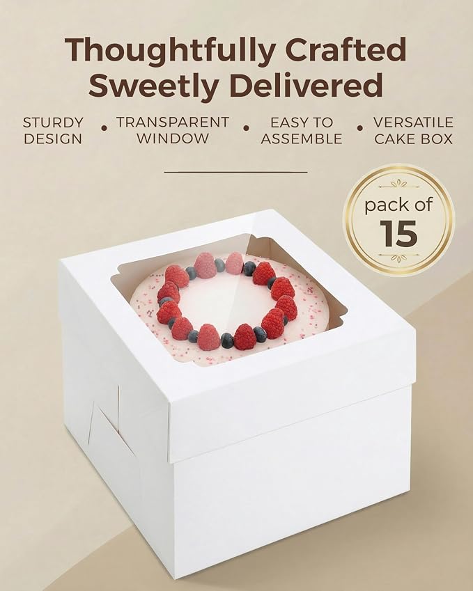 10x10x8 Bulk 15 Pcs Tall Multi-Layer Cake Boxes 10 Inch with Window Clear Bakery Box Square White Large Disposable Pie Boxes Package for Bake Decorating Supplies Pastry Box (80 Pcs Stickers)