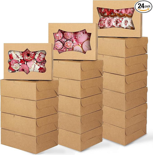 TOMNK 24pcs 8x6x2.5 Inches Cookie Boxes, Bakery Boxes with 3 Style Window, Treat Boxes, Pastry Pie Boxes for Chocolate Strawberries, Donuts, Cupcakes, Muffins and Dessert