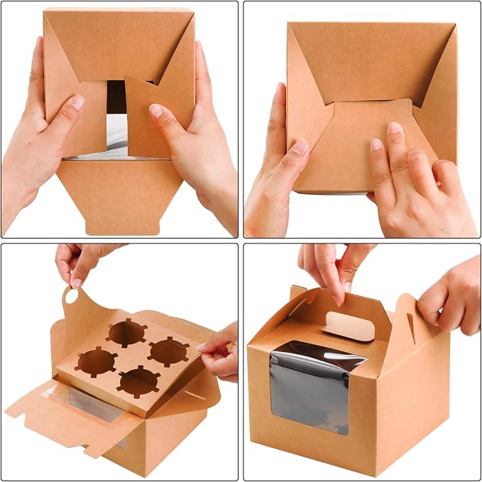 Jucoan 40 Pack Kraft Gable Bakery Treat Boxes with 4-Count Cupcake Insert, Clear Window & Handle, Rustic Paper Gift Box Lunch Togo Boxes for Muffins, Cupcakes, Cookies, Birthday Wedding Party Favors