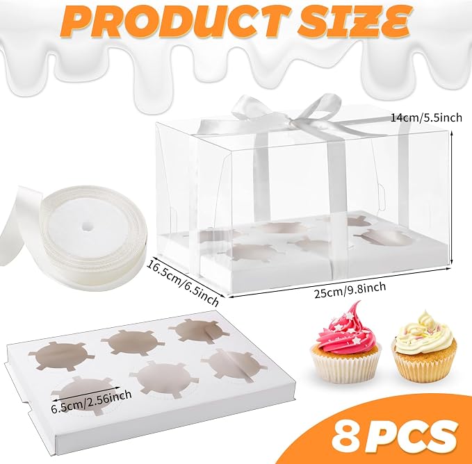 JCD 5.5inches height 8 Pack Clear Cupcake Boxes 6 Count Cupcake Containers with Gift Ribbon, Rectangle Cupcake Holder for Treats, Dessert Boxes, Muffins (6count/8pcs)